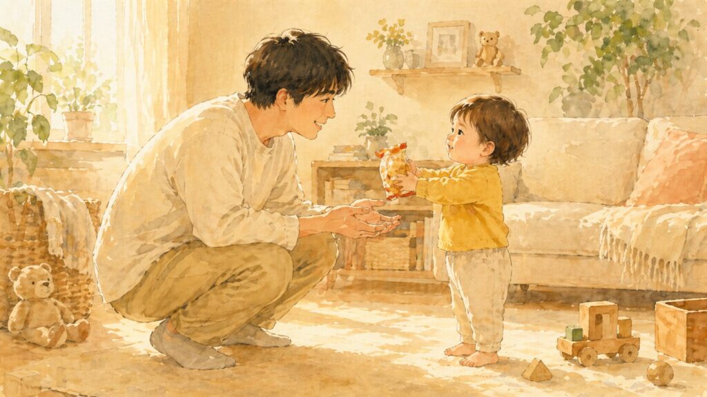 お菓子の袋を「開けて」とパパに差し出す1歳半の男の子の水彩イラスト