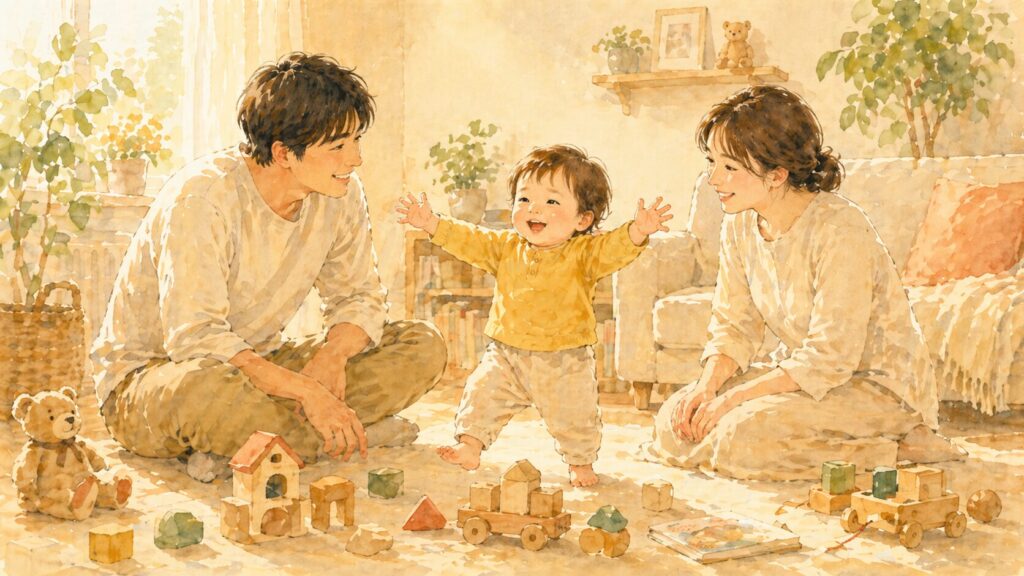 両手を広げて満面の笑顔を見せる男の子と、両側から優しく見守るパパとママの家族イラスト