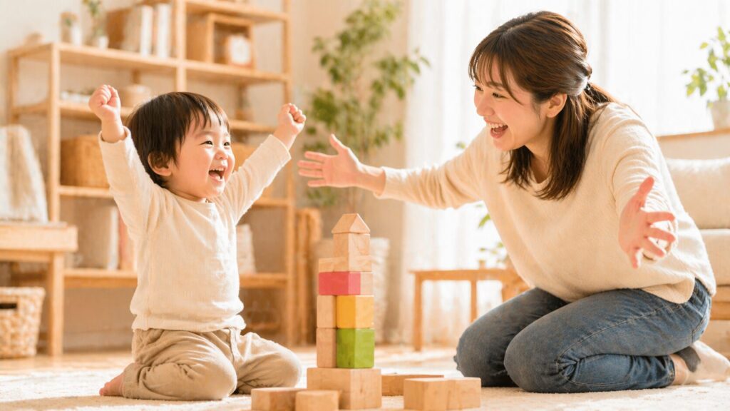 積み木を積み上げた子どもの達成を一緒に喜ぶ日本人ママと子どもの場面