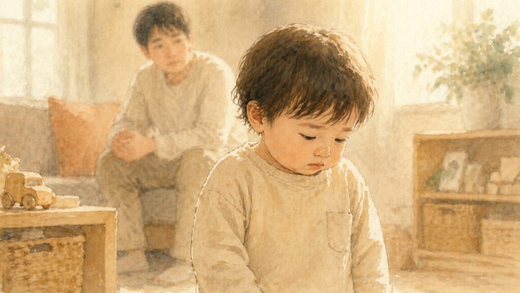 うつむいてしゅんとした表情の男の子と、背後で困った様子のパパのシルエット