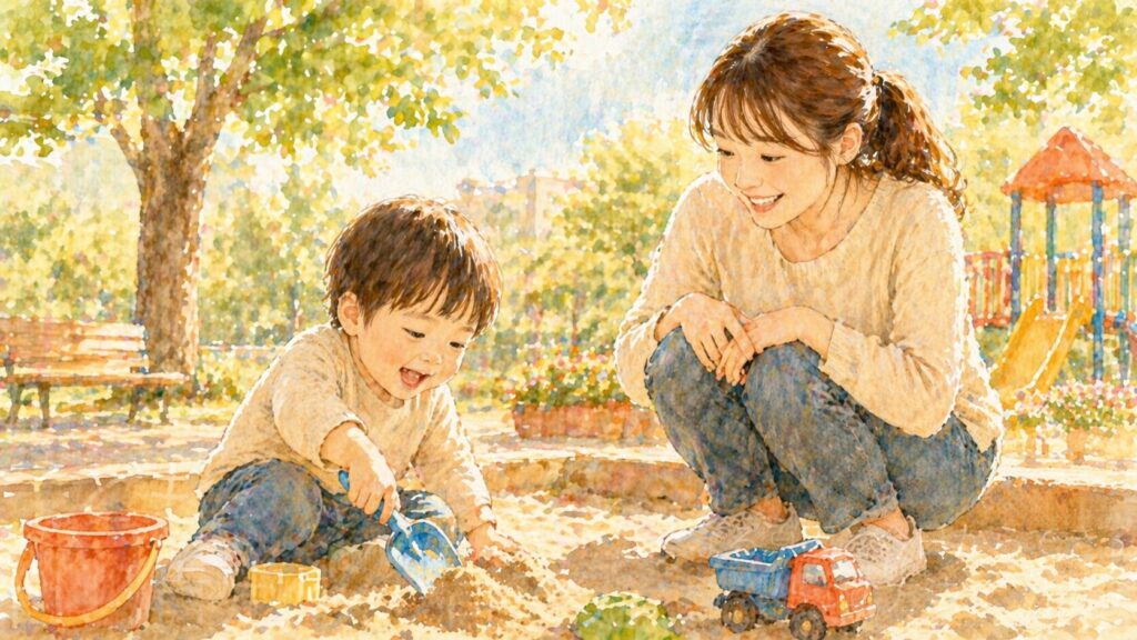 1〜3歳の幼児が屋外で砂遊びや体を使った遊びを楽しんでいる温かみのあるイラスト