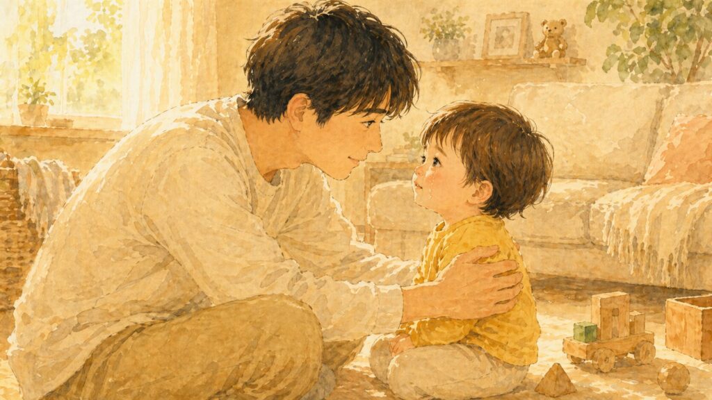 涙目の息子の肩にそっと手を添えて、共感の気持ちを伝えるパパの水彩イラスト
