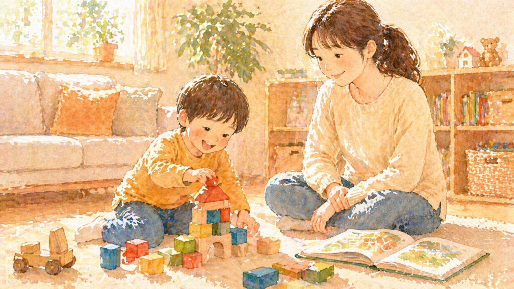 幼児がリビングで積み木を積み上げて集中して遊んでいる様子のイラスト