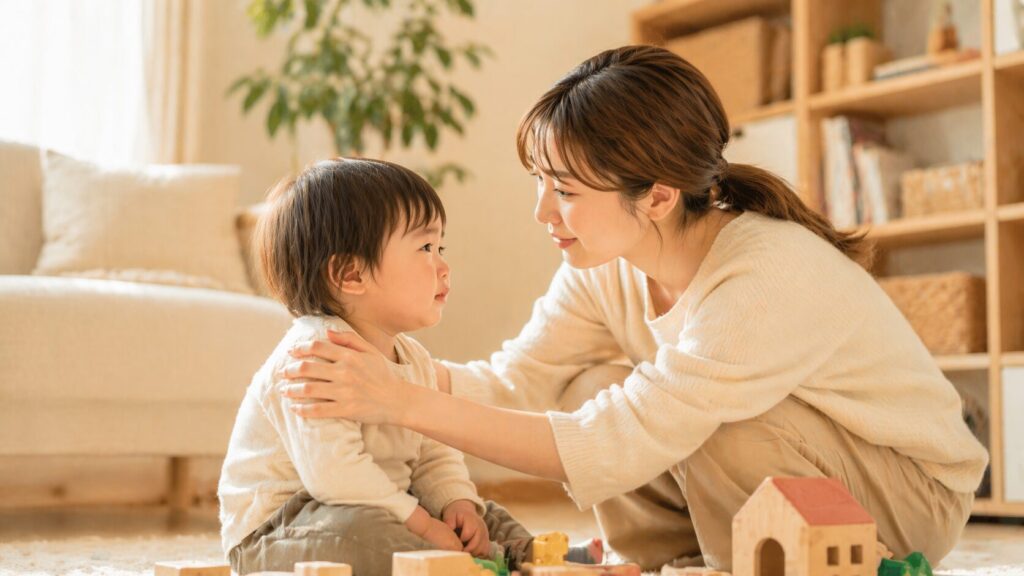 30代の日本人ママが1歳の子どもと目線を合わせてやさしく声かけしている場面