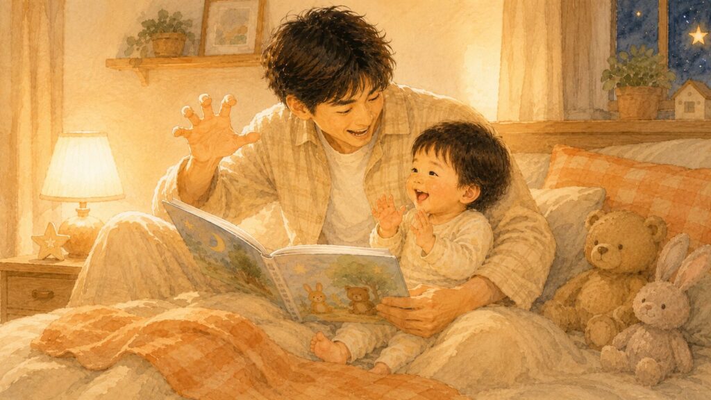 パパが身体表現を交えて絵本を読み聞かせる様子