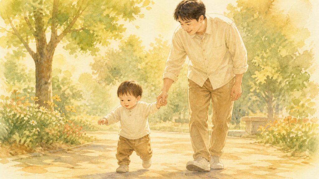 公園で1歳の男の子と手をつないで散歩するパパの水彩イラスト。子どものペースで見守る温かい場面。
