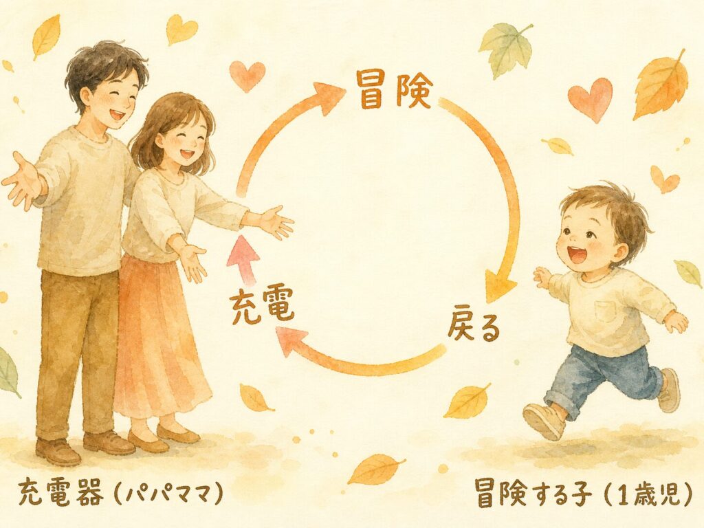 安心の基地（パパママ）と冒険する子どもの関係を充電器に例えた水彩図解。子どもがパパママのもとに戻って充電し、また冒険に出かける循環を表現。