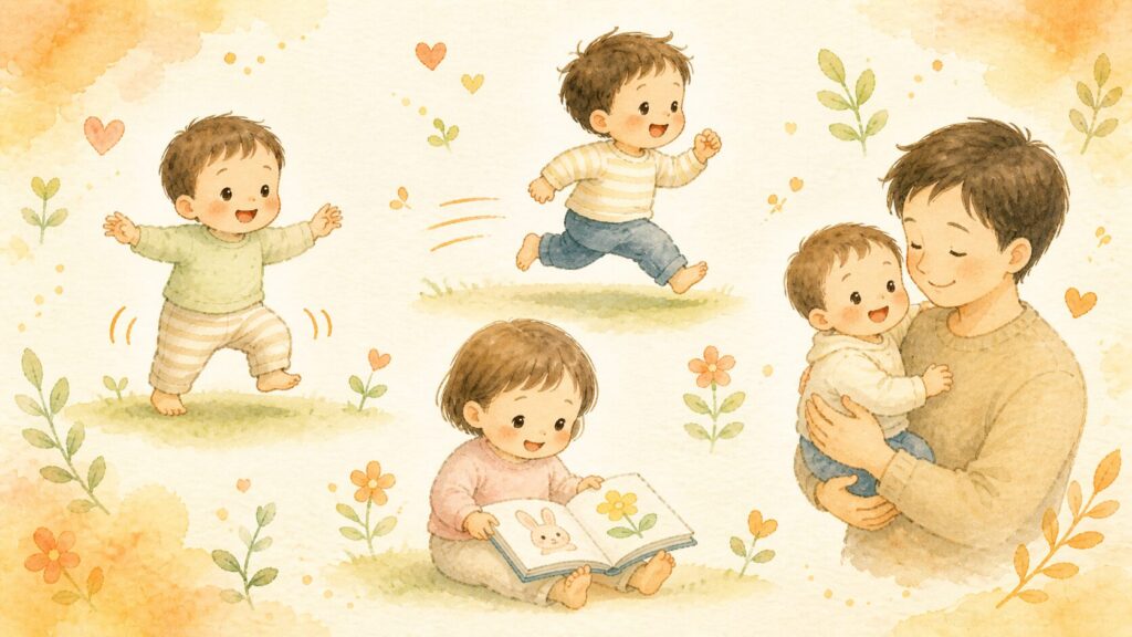 1歳児の発達4領域（運動・言語・認知・社会性）をまとめた図解。中央に1歳児、周囲に4つの領域を配置した水彩タッチの図解。
