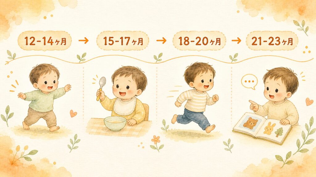 1歳の月齢別マイルストーン早見表。12〜23ヶ月の発達の様子を4段階で水彩タッチで表現した図解。