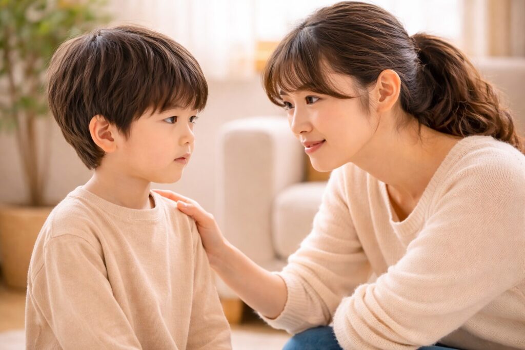 自己肯定感が低くなる原因を表す、不安そうな表情の子どもと親のイラスト