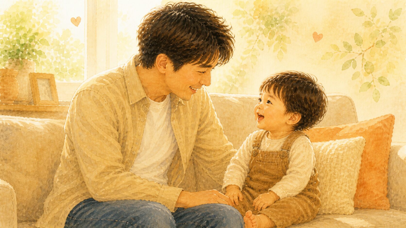 笑顔を交わすパパと1歳5ヶ月の男の子の水彩イラスト。親が笑えば子も笑い返す、温かい関係性。