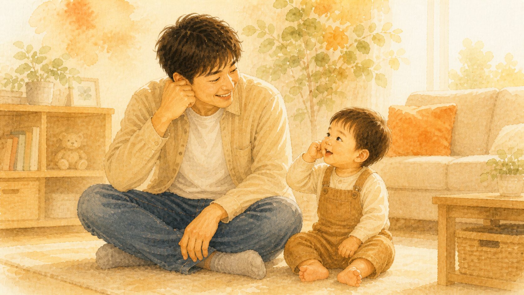パパの電話のフリを真似する1歳5ヶ月の男の子の水彩イラスト。親の行動を観察して真似する成長の様子。