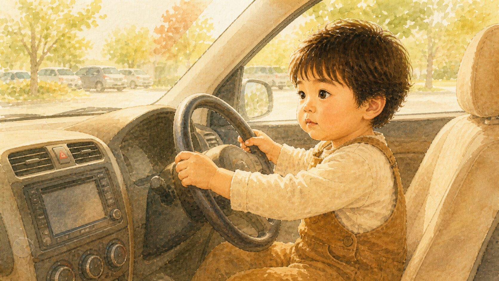 車の運転席に座ってハンドルを握る1歳5ヶ月の男の子の水彩イラスト。30分飽きないほど夢中になる印象的なシーン。
