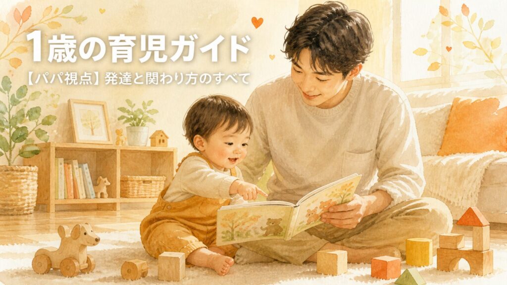 1歳の男の子と一緒に絵本を読むパパの水彩イラスト。1歳の育児ガイド記事のアイキャッチ画像。