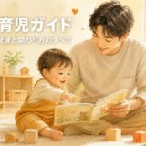 1歳の男の子と一緒に絵本を読むパパの水彩イラスト。1歳の育児ガイド記事のアイキャッチ画像。