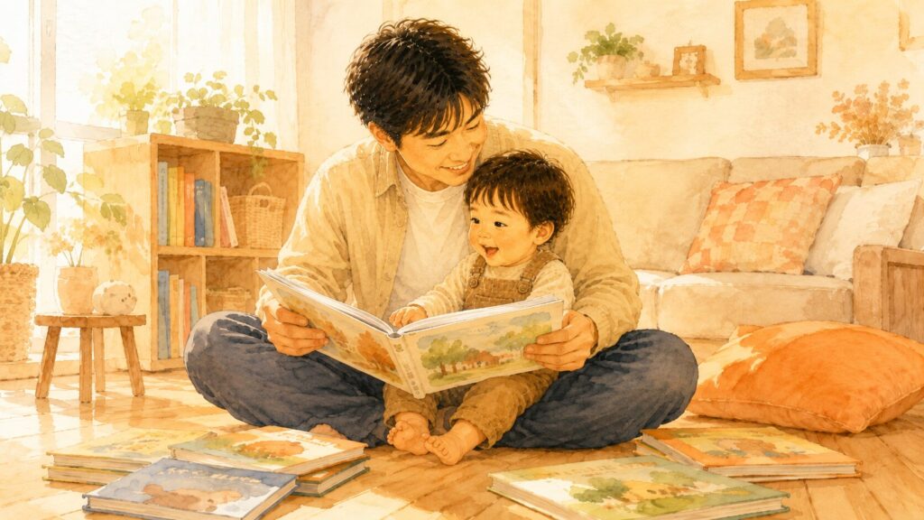 1歳の息子を膝に乗せて絵本を読み聞かせるパパ