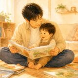 1歳の息子を膝に乗せて絵本を読み聞かせるパパ