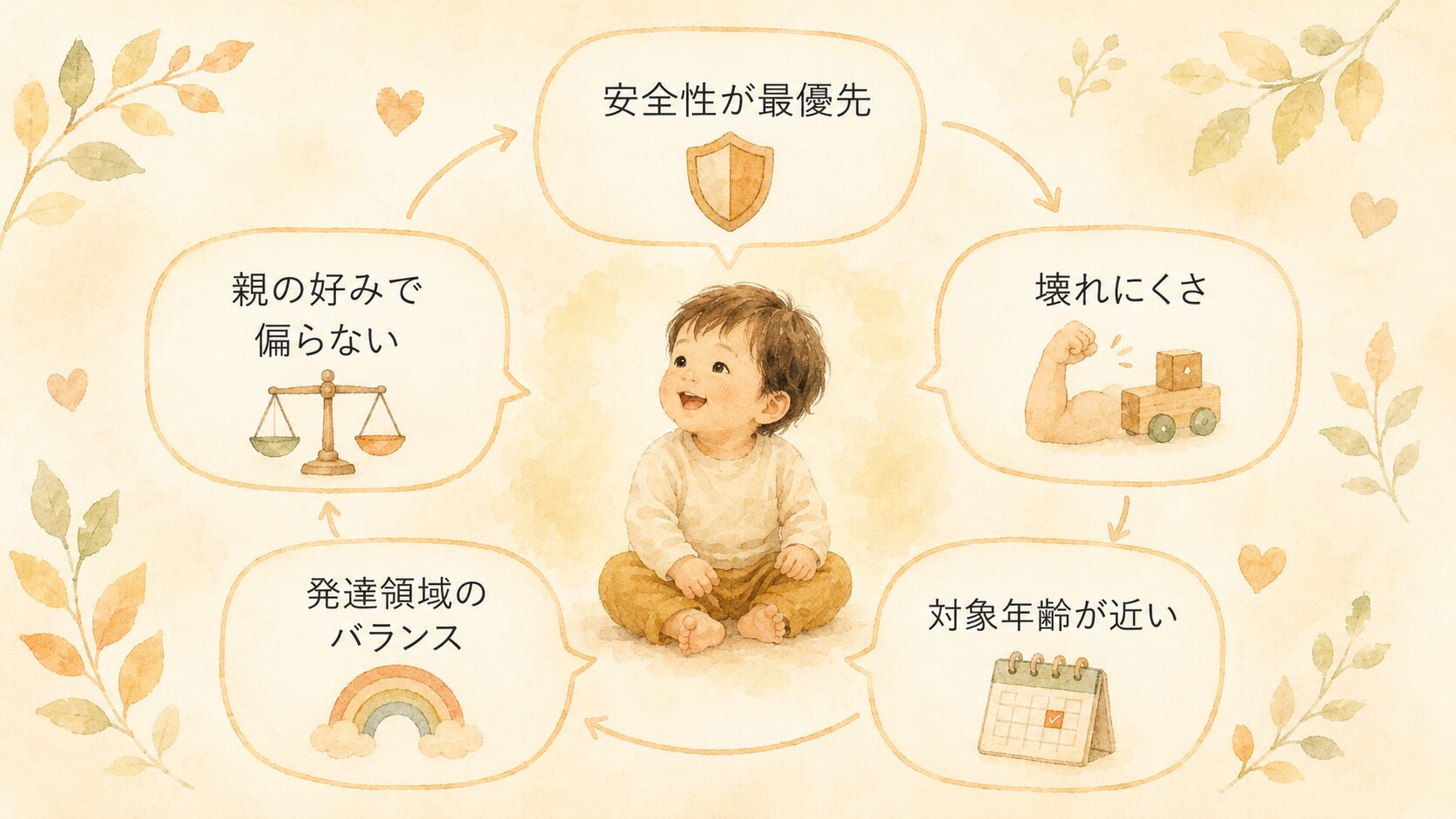 1歳5〜6ヶ月の知育玩具を選ぶ時にチェックする5つのポイント（安全性・壊れにくさ・対象年齢・発達領域・親の好み）の図解。
