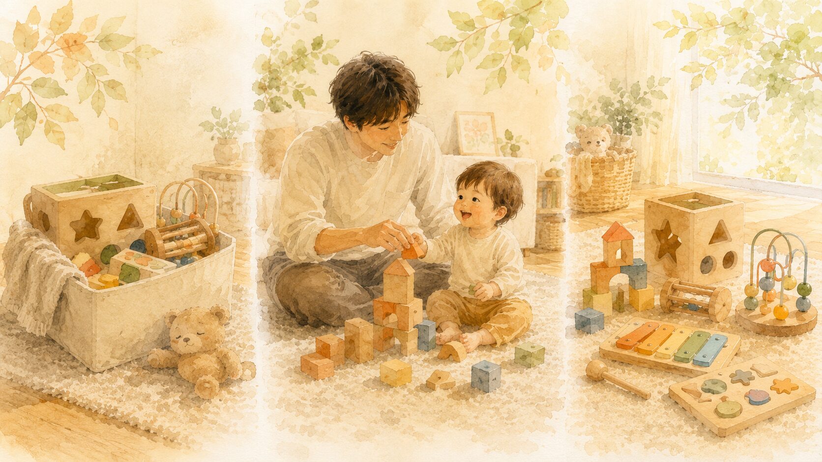 玩具選びで気をつける3つのポイント（先取りしすぎ・壊れやすさ・ジャンル偏り）を表現した水彩イラスト。
