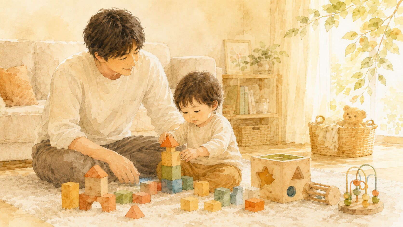 パパと1歳半の男の子がリビングで一緒にブロックで遊ぶ水彩イラスト。
