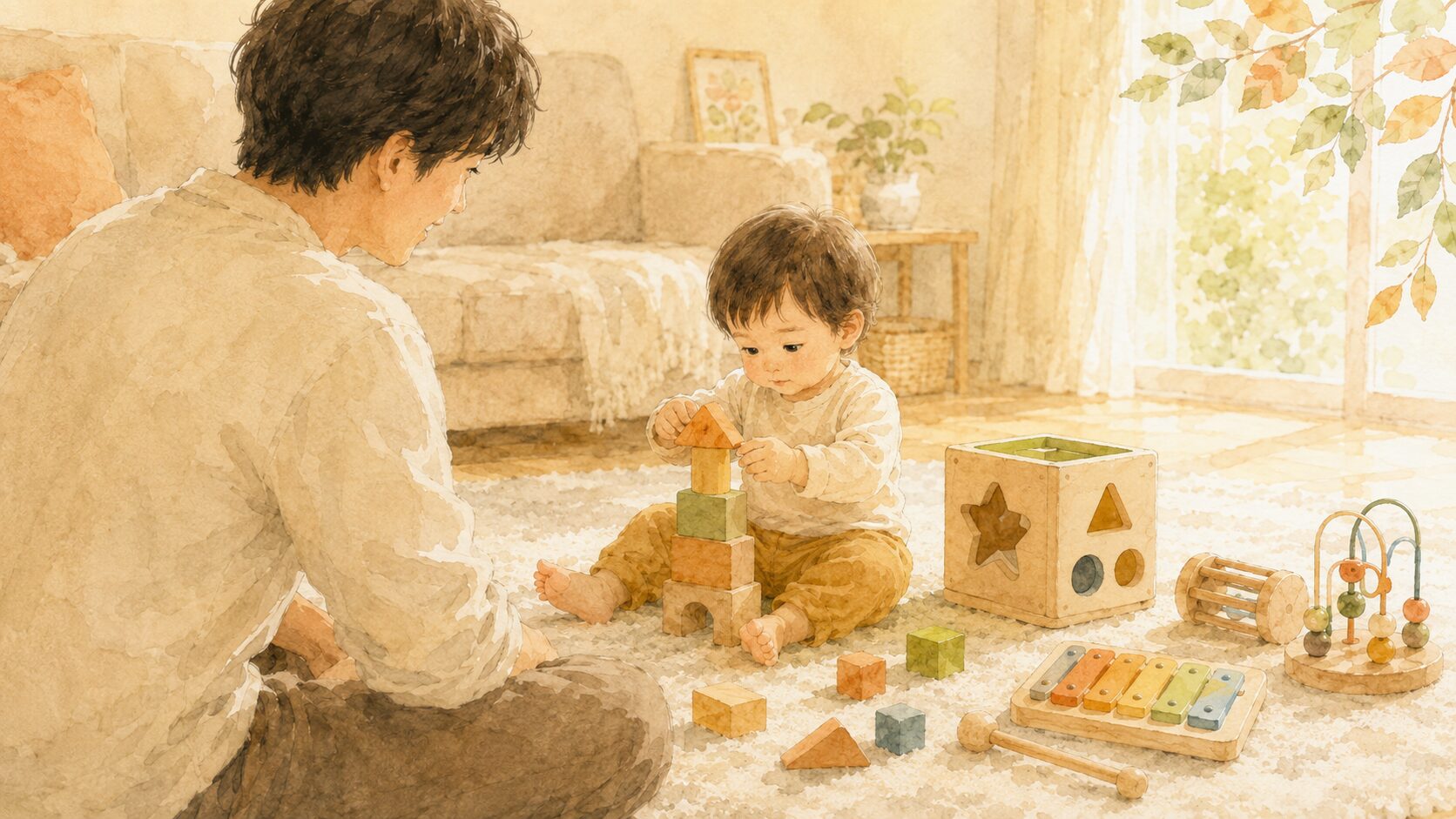 1歳半の男の子が知育玩具に集中して遊ぶ姿を、パパが少し離れて見守る水彩イラスト。