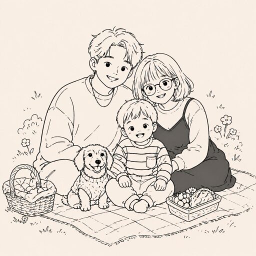 だむだむ一家のイラスト。父・母・1歳の息子・愛犬がレジャーシートに並んで座っている線画。