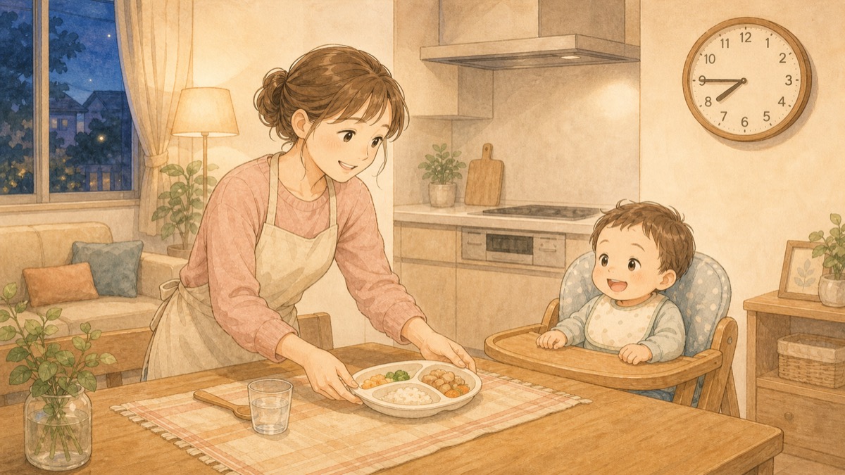 帰りが遅くなった夜、温めた幼児食をすぐに食卓へ出すママと待っている1歳の子どもの水彩イラスト。