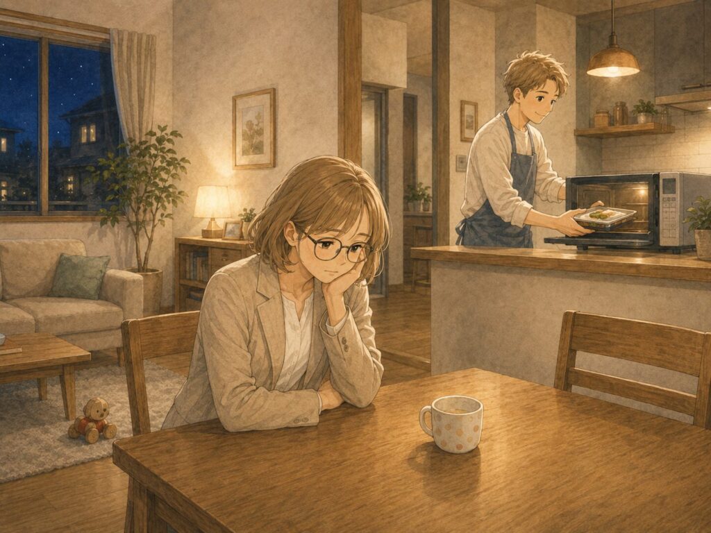 夜のリビングで、仕事から帰った妻がテーブルで疲れた表情をしている横で、夫がエプロン姿でキッチンの電子レンジに宅配食を入れている水彩イラスト。