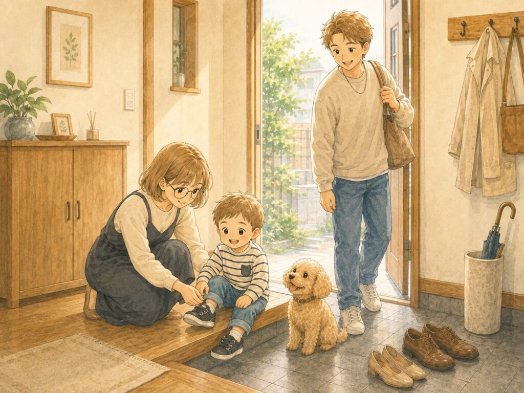 朝の玄関で、母親がしゃがんで1歳の息子の靴を履かせ、父親はバッグを持って出かけるところ。足元に愛犬。共働き家庭の平日の朝の水彩イラスト。