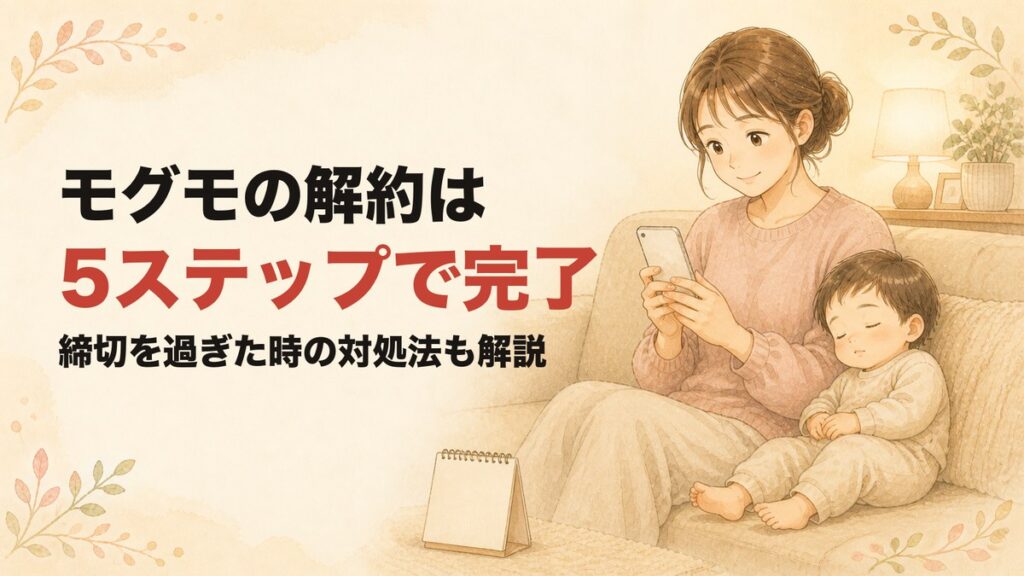 夜のリビングでスマートフォンを見て安心した表情のママと、そばで眠る子どものイラスト。モグモの解約方法をまとめた記事のアイキャッチ。