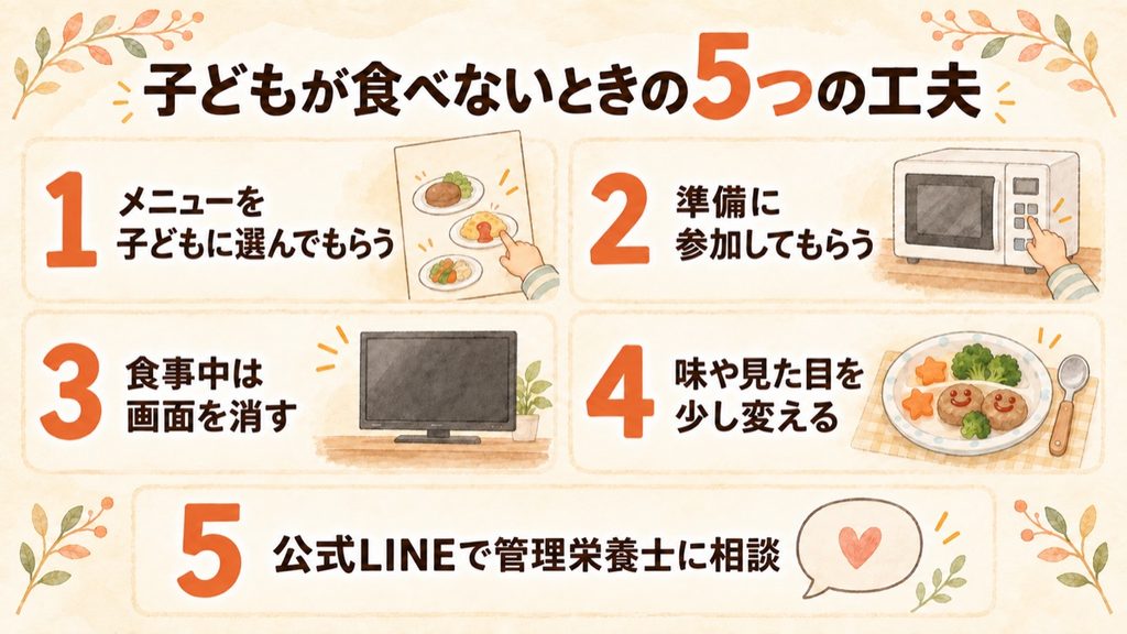 子どもが食べないときの5つの工夫の図解。メニューを子どもに選んでもらう、準備に参加してもらう、食事中は画面を消す、味や見た目を少し変える、公式LINEで管理栄養士に相談する