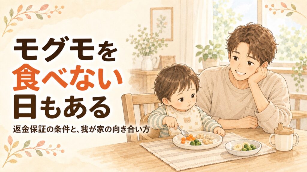 モグモの幼児食を前にして口をつけない1歳の子どもと、となりで見守るパパ
