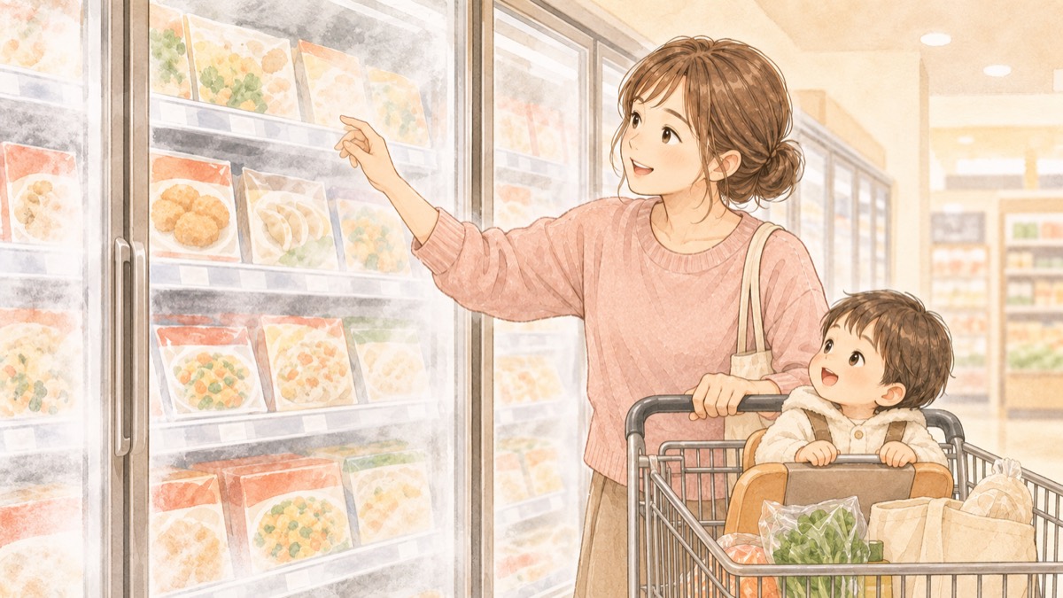 スーパーの冷凍食品コーナーで、カートに子どもを乗せたママが冷凍ケースの商品を指さしている水彩イラスト